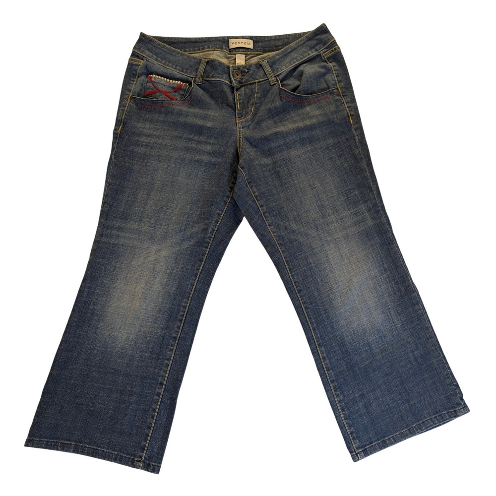 Venezia Cropped Jeans Womens 14 Blue Denim Capri Red Contrast Stitch Stretch